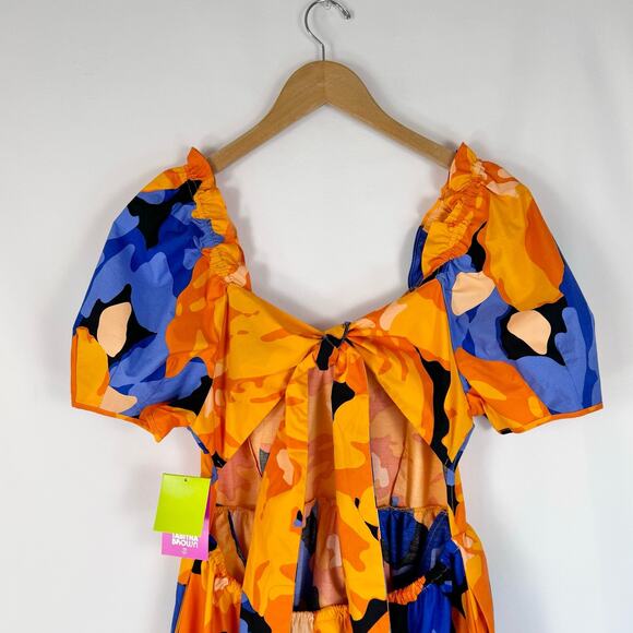 Tabitha Brown for Target Women's Puff Sleeve Tie Back Dress Size 14 Orange Blue - Picture 10 of 15